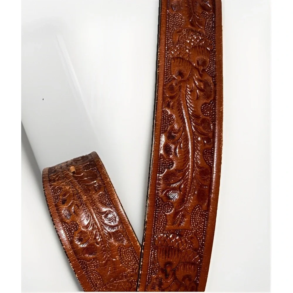 Tony Lama Brown Tooled Leather Western Belt Silver Ornate Buckle 11554‎ Mens 42